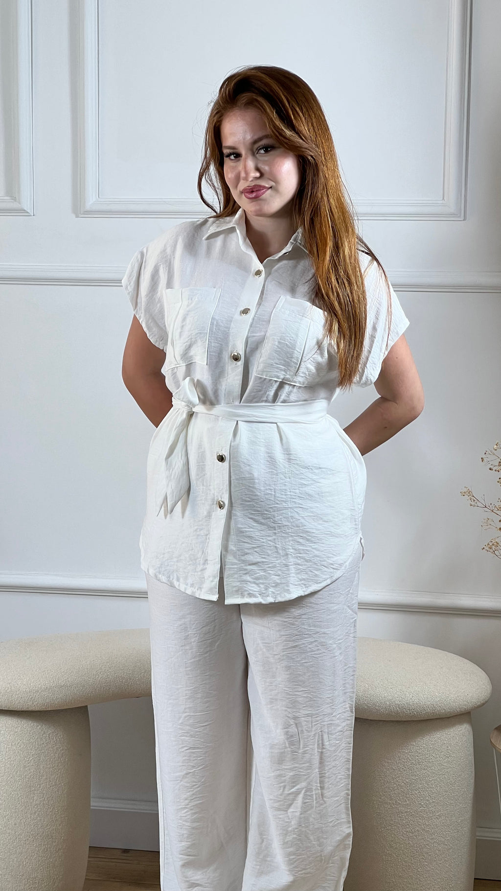 Ensemble Mallak en lin – Chemise ceinturée & pantalon fluide Livraison Gratuit