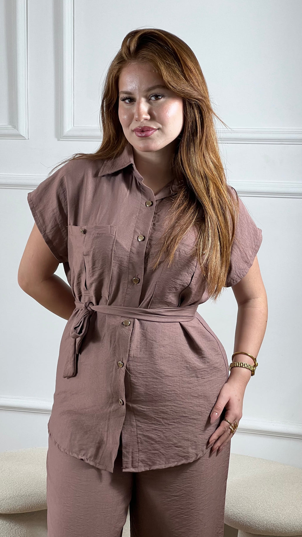 Ensemble Mallak en lin – Chemise ceinturée & pantalon fluide Livraison Gratuit