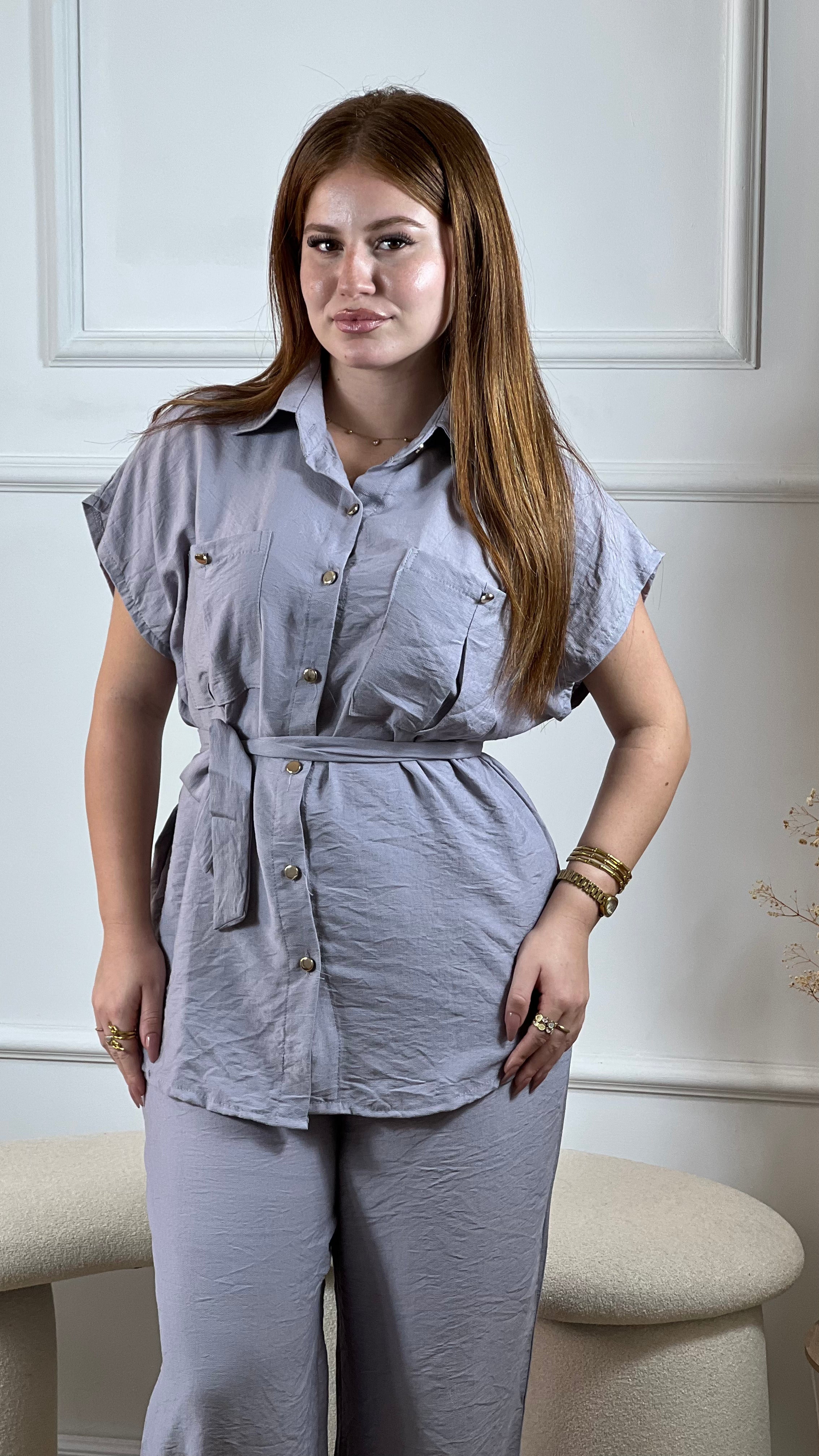 Ensemble Mallak en lin – Chemise ceinturée & pantalon fluide Livraison Gratuit